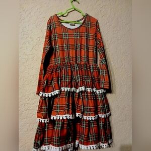 Plaid Long Sleeve Dress with Lace Trim